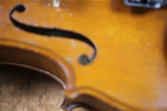 A French violin by Nicolas March with a bow stamped N. Lambert, cased